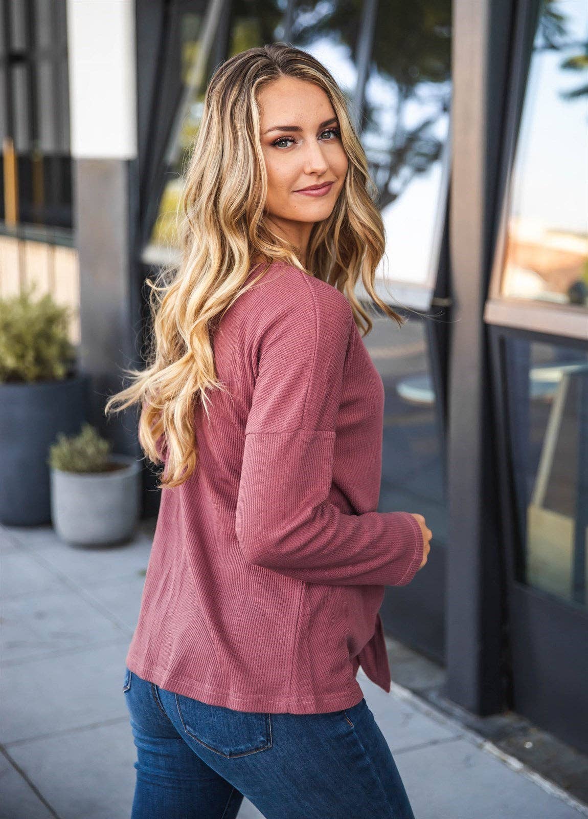 The Leah - Ladies Button Tie Waffle Knit Top Swede Alley Co.