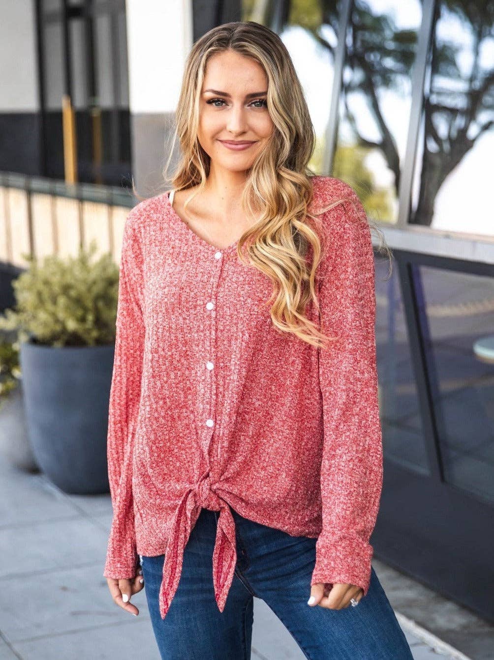 The Leah - Ladies Button Tie Waffle Knit Top Swede Alley Co.