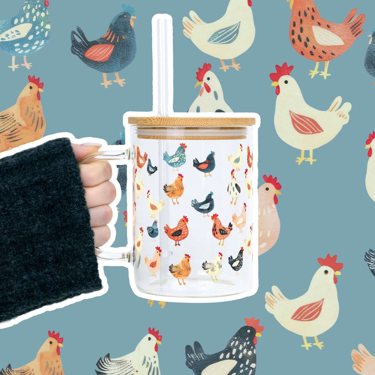 Sip-Sip Hooray! - Chicken Lover 17oz Glass Mug With Lid and Straw Swede Alley Co.