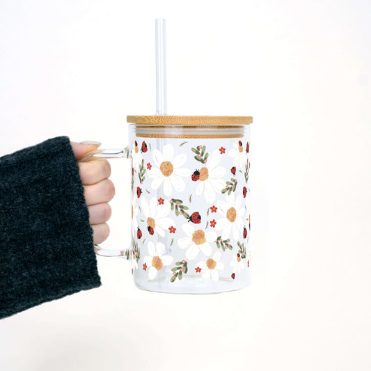 Sip-Sip Hooray! - Daisy & Ladybug 17oz Glass Mug With Lid and Straw Swede Alley Co.