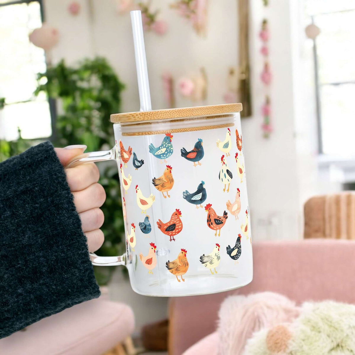 Sip-Sip Hooray! - Chicken Lover 17oz Glass Mug With Lid and Straw Swede Alley Co.