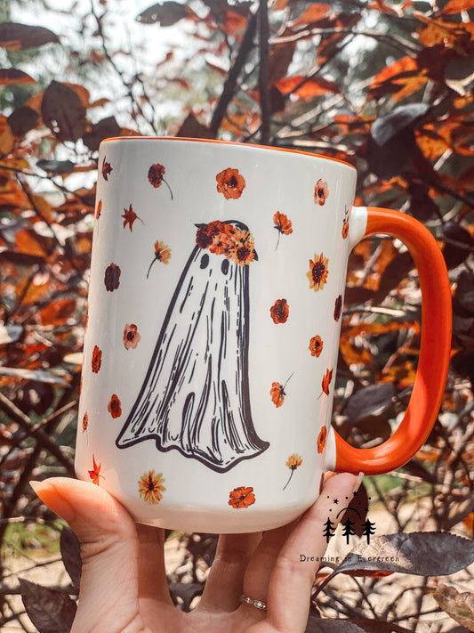 Dreaming in Evergreen - Flower Crown Ghost Coffee Mug | Witchy Harvest | Cottagecore Swede Alley Co.